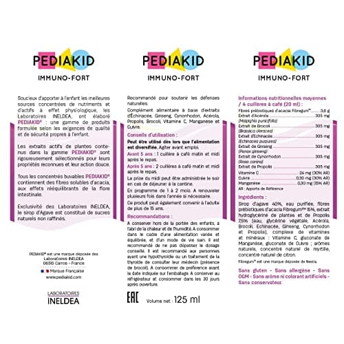 PEDIAKID - Complément Alimentaire Naturel Pediakid Immuno-Fort - Formule Exclusive au Sirop d'Agave - Aide à Soutenir les Défenses Naturelles de l'Organisme - Goût Myrtille - Flacon de 250 ml