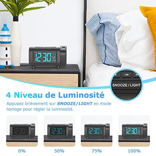 LIORQUE Radio Réveil à Projection, Horloges à Projection 180° Reveil Projecteur FM avec Alarme, Grand Affichage VA, 4 Niveaux de Luminosité de l'écran, Numérique USB, Fonction Snooze, 12/24H