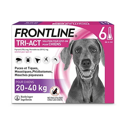 FRONTLINE Tri-Act Chien - Anti Puces, Tiques, Moustiques, Phlébotomes & Mouches - Pour Gros Chien De 20 à 40 kg - Fabriqué En France - 6 Pipettes Application Spot On