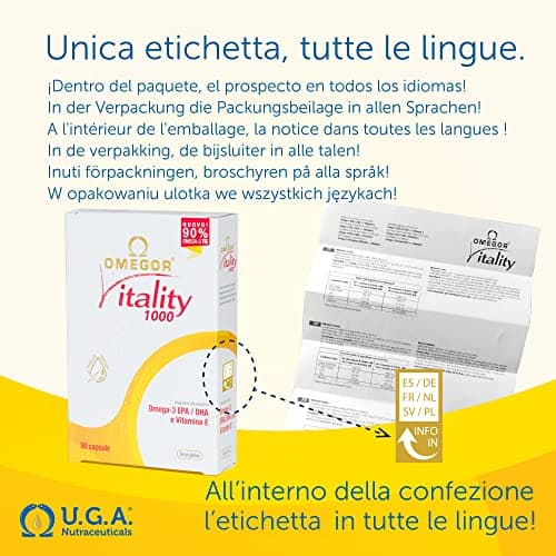 Omegor Vitality 1000 - Supplément alimentaire avec 90% des oméga 3 sous forme de triglycérides - avec de la vitamine E - pour le cœur, la vision et le cerveau en santé - 30 gélules