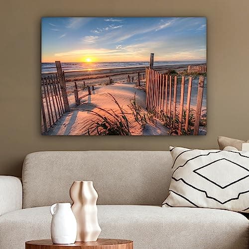 MuchoWow© Impression sur Toile Decoration Murale Peinture 70x50 cm Tableaux Decoratifs Muraux Déco Chambre Tableau Salon Dune - Coucher de soleil - Plage - Plantes - Mer