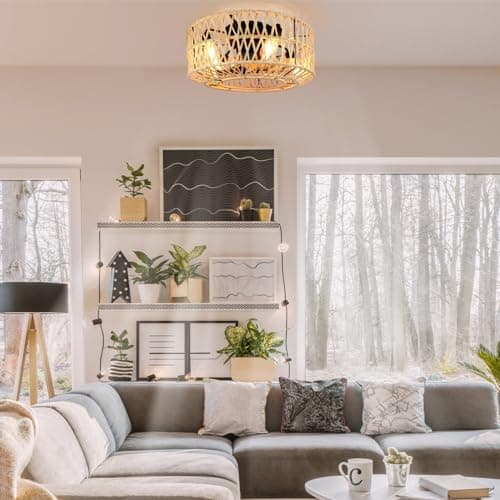 FIMEI Ventilateurs de plafond avec lumières et télécommande, 6 vitesses réversibles, 19'' ventilateur en corde de chanvre tissée à la main, éclairage pour salon, minuterie, 11W lumière, 20W DC Moteur