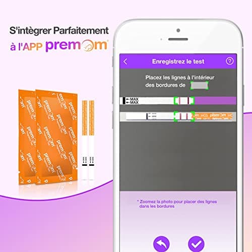 Premom Tests Grossesse Précoce Bandelettes:50 Tests de HCG Urinaires Sensibles 10 mIU/mL, Compatible avec l'Application Premom pour Suivi de Fertilité