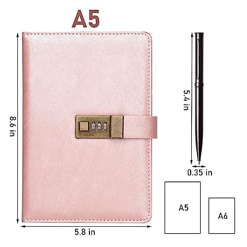 WEMATE Journal Intime Code, A5 Journal en Cuir PU avec 240 Pages, Vintage Diary Avec Serrure,Journal Intime Garçon Fille,Convient aux élèves de Bureau et D'école,8.6 x 5.8 Pouces,Or Rose