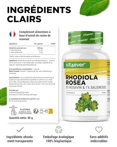 Rhodiola Rosea -120 gélules de 500 mg - Véritable Extrait -Matière première de qualité supérieure: 3% de rosavine & 1% de salidroside -100% d'extrait de racine de rose musquée - Hautement dosé - Vegan