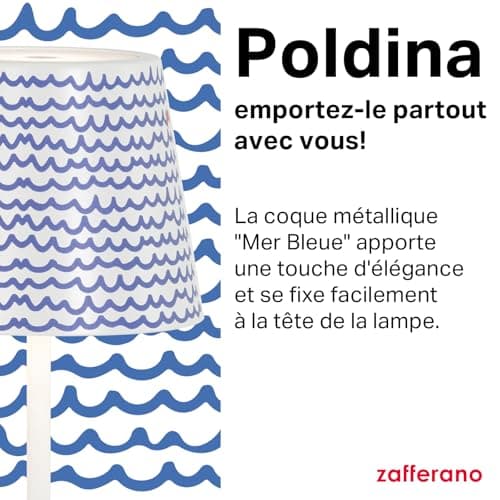 Zafferano, Lampe Poldina Pro avec Cover, Lampe de Table Rechargeable et Sans Fil avec Contrôle Tactile, Lampe d'Extérieur, Dimmer 2200-3000 K, Hauteur 38 cm, Couleur Blanc - Mer Bleue