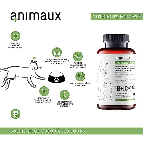 Vitamines pour chats - 120 comprimés à mâcher - Métabolisme, système immunitaire, peau & pelage - Complément alimentaire avec complexe de vitamines B, oméga 3, zinc & plus - animaux Nutrients for Cats