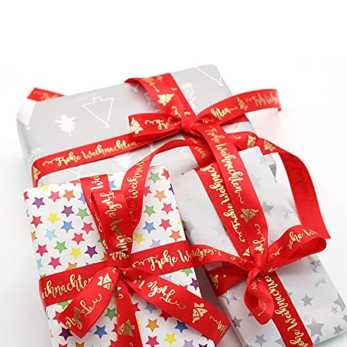 OMISS - Frohe Weihnachten - Ruban Rouge et Ecriture Or - Ruban de type Satin de 19mm