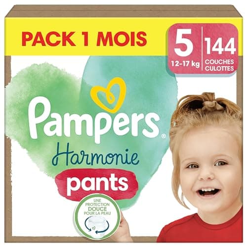 Pampers Harmonie Pants, Taille 5, 144 Couches-Culottes, 12-17kg, Maintien Complet 360°, Ingrédients d’origine végétale, Maintenant Avec un Emballage Recyclable en Papier, Pack 1 Mois