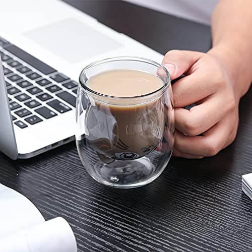 SHENDONG Tasses à café en verre avec poignée en forme de chat mignon - Double paroi isolée - Cadeau pour un anniversaire, la Saint-Valentin et le bureau (chat blanc)