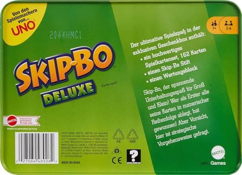 Mattel Games, Skip-Bo Deluxe avec Boîte Métallique Spéciale - Jeu de Cartes pour Toute la Famille, Par les Créateurs de UNO, À Partir de 7 Ans, L3671