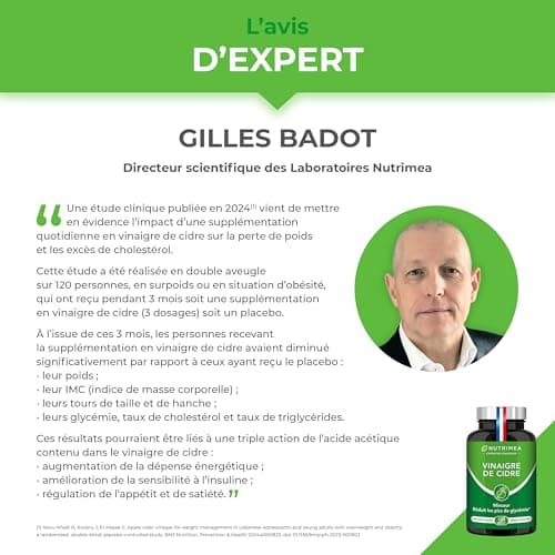 Vinaigre de Cidre - 1500 mg - Avec Chrome - Aide à la Perte de Poids, Contrôle du Taux de Sucre Sanguin - Alternative au Morosil - Goût Neutre - 120 Gélules Vegan - Nutrimea - Fabriqué en France