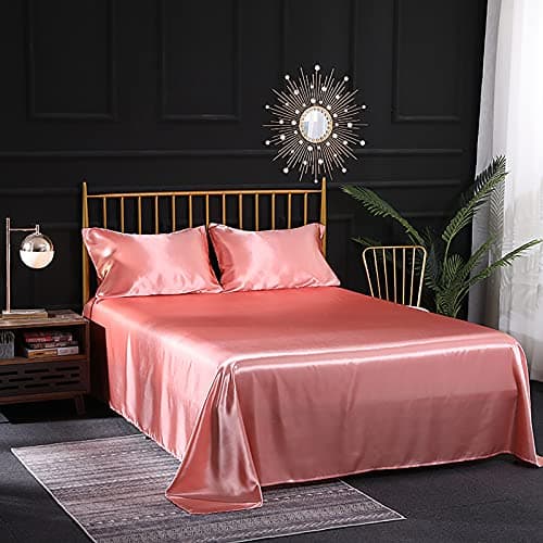 Ensemble 4 Pièces de Draps de Lit en Satin Couleur Unie 1 x Drap Housse 180x200 cm 2 Personnes avec Grand Bonnet de 35 cm, 1 x Drap Plat et 2 x Taie d'oreiller, Corail
