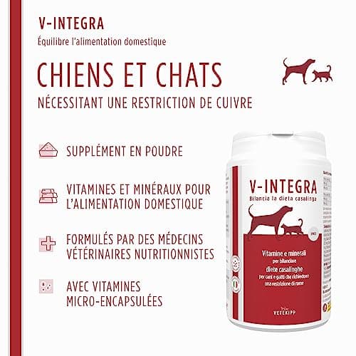 V-INTEGRA Epato Chiens et Chats - Supplément Complet de vitamines et minéraux pour la Ration ménagère des Chiens et Chats nécessitant Une Restriction en cuivre - 200g - Produit en Italie