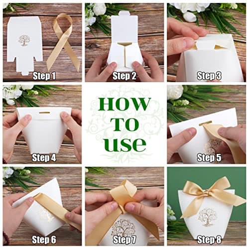 25Pcs Boîtes Cadeaux Baptême Communion Anniversaire Sachet Bonbons Mariage Bonbonnière Faveur avec 25Pcs Rubans Ballotin Chocolat Dragées Confirmation Design Arbre de Vie