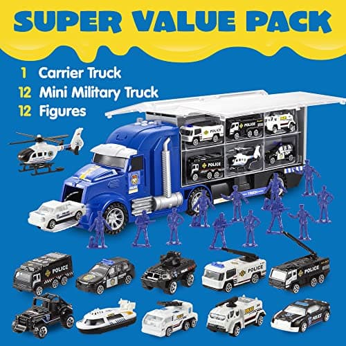 JOYIN Ensemble de Jouets de Camion de moulé sous Pression 25 en 1, Ensemble de véhicules de Jeu dans Un Camion Porteur, Cadeaux d'anniversaire pour Enfants (Voitures de Police)