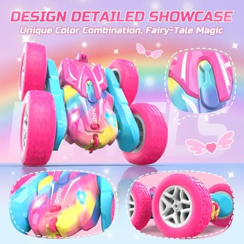 DEERC RC Voiture Telecommandé, 4WD Rose Voiture Telecommandé Enfant Fille, RC Stunt Voiture Jouet 360° Flip Rotatif et Lumière, Jouet Cadeau Fille 3-12 Ans