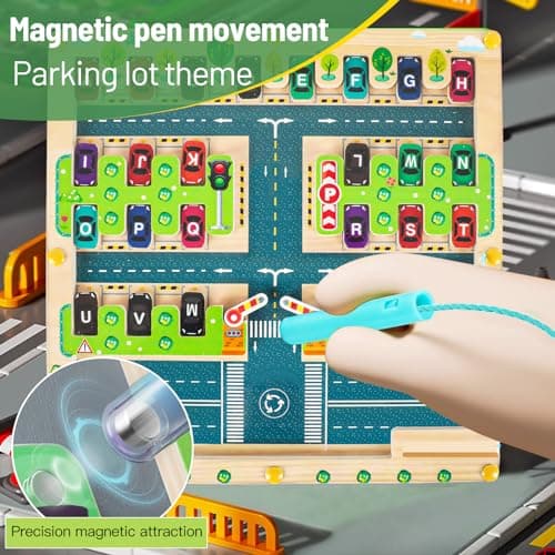 VLEDARLING Jeu Magnétique Labyrinthe Jouet en Bois, Labyrinthe Magnetique, Jouet Bois Montessori de 3-6 Ans, Apprendre Jeu de Tri, Jouet en Bois pour Apprendre Alphabet,Parking Labyrinthe Jouet Enfant