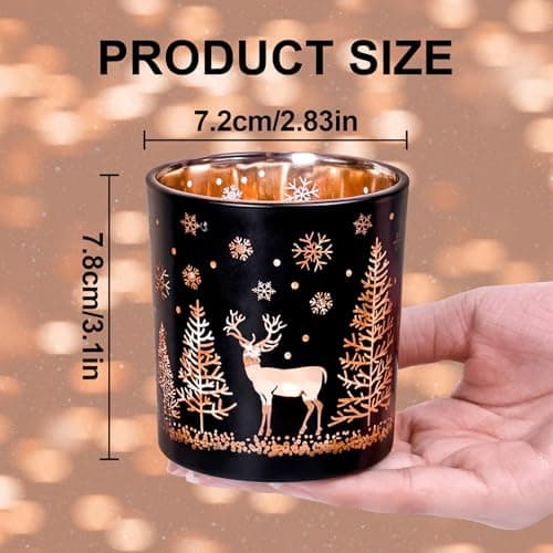 Toptime Set de 3 Bougeoir Noel, Photophore en Verre Noir et Doré pour Centre de Table Noel, Pot en Verre pour Bougie avec Arbre de Noël, Renne, Flocons de Neige, Photophore Bougie pour Le Nouvel an