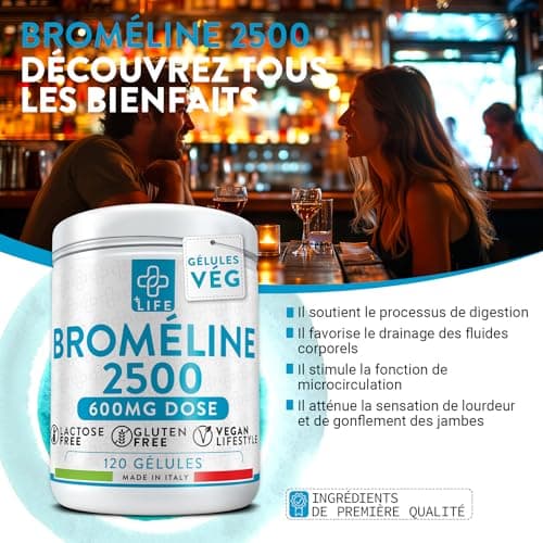 Bromelaine Draineur 2500 GDU/g 120 Capsules PiuLife® 700mg Bromélaïne Plus Extrait D' Ananas Drainant Naturel (2 Par Dose), Enzymes Digestives, Ballonnement Abdominal Digestion, Microcirculation