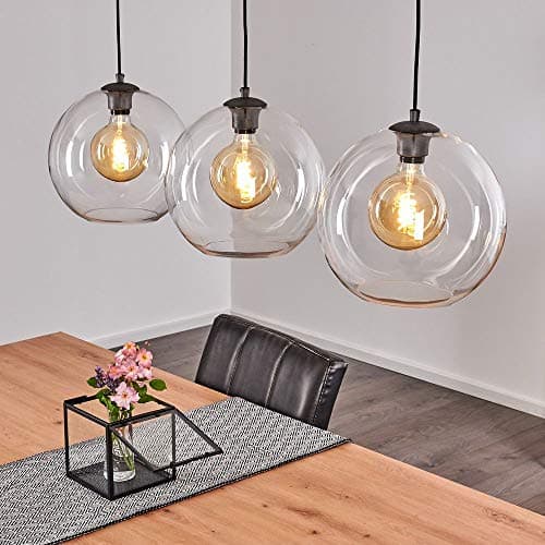 Suspension Minhe en métal noir et verre, lampe pendante vintage idéale dans un salon rétro, hauteur max. 153 cm, pour 3 ampoules E27, ampoule(s) non incluse(s)