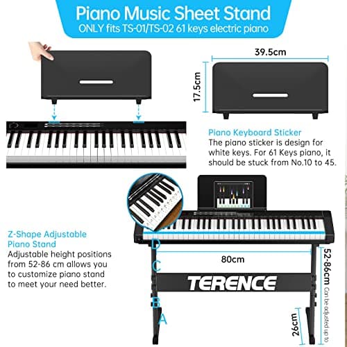 TERENCE Piano Numérique 61 Touches Lumineuses support de partitions semi-lestées avec Stands et Batterie de 1750mAh et interface MIDIBluetooth Sacs pour Clavier Câble audio Casque Noir