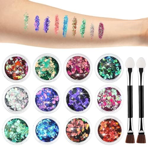 Giantree Festival Paillettes Visage avec 2 Pinceaux à Double Tête en Coton 12 Couleurs Paillettes Déguisement Festif Paillettes Ongles Cheveux Lèvres Corps Christmas Maquillage Glitter (Couleur 1)
