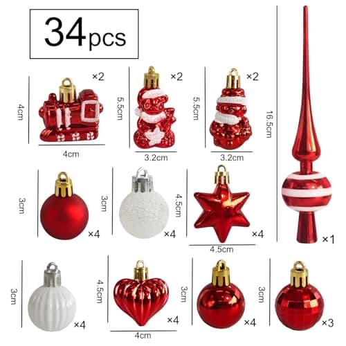 34 Boules de Noël avec Pointe d'arbre Set,Ø3/4.5/5.5cm Petites Boules de Noël en Plastique Rouge Blanc Boules Mini Noël Décoration de Table Sapin de Noël Décoration Ornements