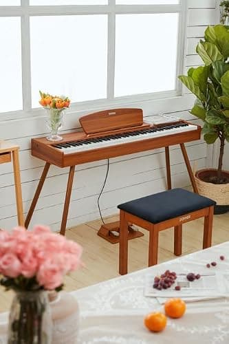 Donner Banc de Piano avec Rangement, Banc de Piano en Bois Massif avec Coussin en Daim Haute densité, Finition Bois