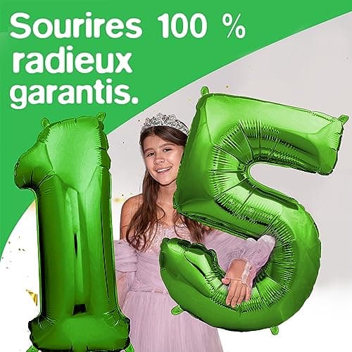 envami® Ballon Anniversaire 15 ans Vert - 101 CM Ballon Chiffre - Deco Kit Anniviersaire Garçon - Happy Birthday Decoration - Ballon Joyeux Anniversaire - Vole Grâce à l'Hèlium