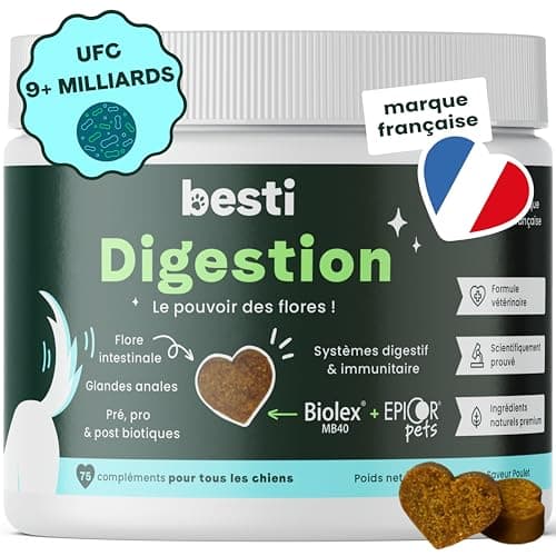 BESTI - Digestion | 75 Compléments Alimentaires Premium pour Chiens | Probiotiques, Prébiotiques, Postbiotiques | Flore Intestinale | Marque Française - Formule Vétérinaire | Au Poulet | 300 GR