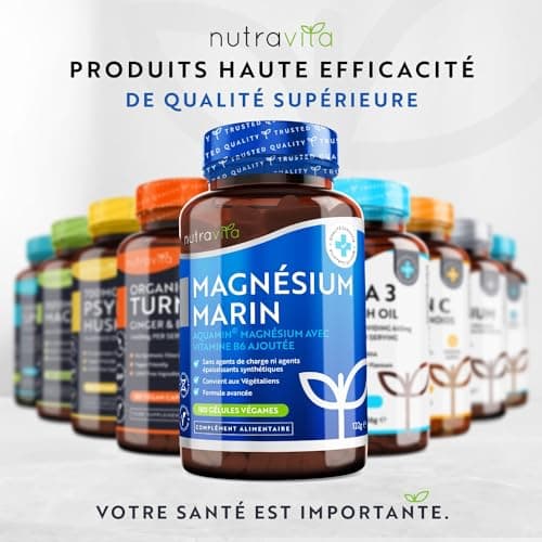 Magnesium Marin 360mg et Vitamine B6-180 Capsules Vegan - Magnesium B6 Combat la Fatigue et le Stress - Magnésium Aquamin® Hautement Biodisponible et Cliniquement Soutenu - Nutravita