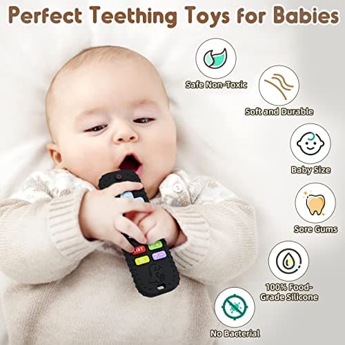 Soulagement des Dentition Jouet pour Bébés 0-6 12 Mois Cadeaux, Télécommande en Jouets de Bain en Silicone pour 3 6 9 Mois Autiste, Sensoriels de Qualité Alimentaire, Noir