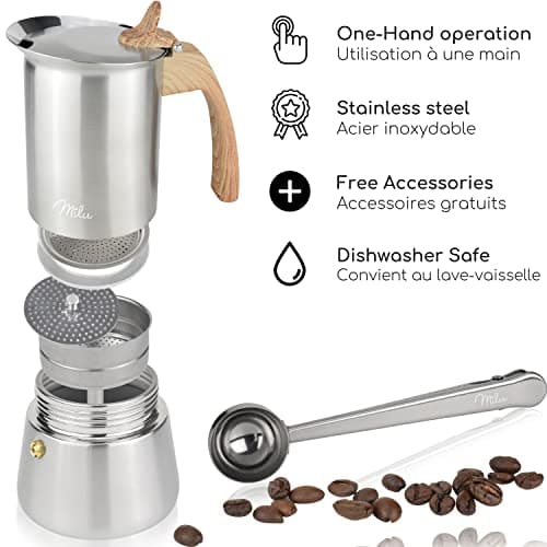 Milu cafetière Italienne Induction | 2 4 6 9 Tasses | Cafetière Moka en INOX, Espresso Maker Acier Inoxydable, Ensemble comprenant un sous-verre, une cuillère (Aspect bois, 6 tasses (300ml