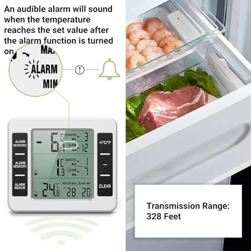 Thermomètre Congélateur sans Fil Thermomètre Numérique de Réfrigérateur avec Alarme Congelateur Thermomètre Frigo Intérieur Extérieur avec 2 Capteurs pour Cuisine et Maison