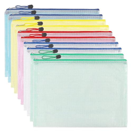 Pochette Document Zippée A4,Pochette Zippée 5 Couleurs PVC Transparentes Document Dossier,Pochette Fermeture,Mesh Zipper Pouch pour Voyage,pour Bureau,Voyage, Fournitures(10Pcs)