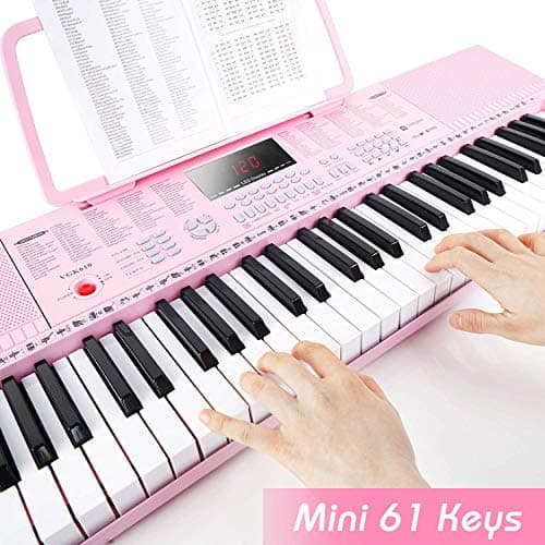 Vangoa Clavier de Piano 61 Mini Touches Clavier Piano électronique avec 3 modes d'enseignement, microphone, 350 sons, 350 rythmes, 30 démos, Rose
