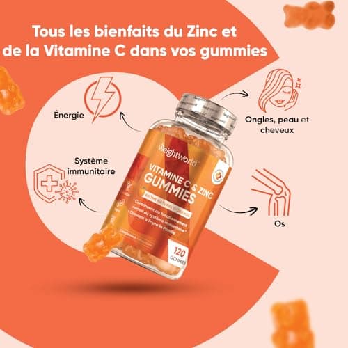 Vitamine C Gummies Avec Zinc - 120 Gummies Vegan (2Mois) Adultes & Enfants (Dès 5ans) - Arôme Naturel d'Orange - 200mg Vit C Acide Ascorbique et 6mg Zinc - Gummies Énergie & Immunité Adulte/Enfant