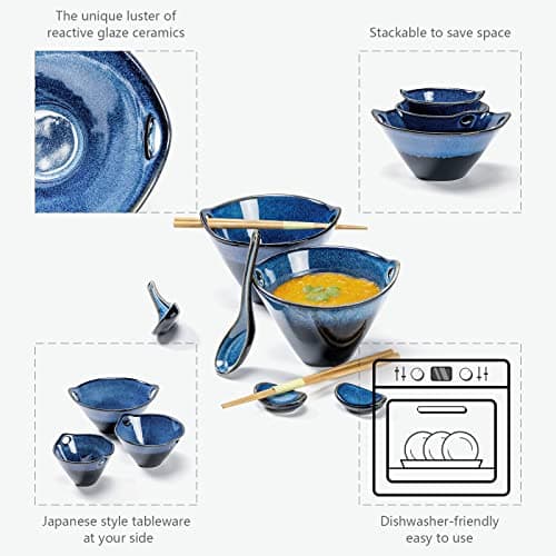 Henten Home Bols à Ramen, Bol Chinois pour Soupe Porcelaine, 8 Pièces pour Udon, Pâtes, Céréales et Mélange de Fruits, Bol Fait à la Main de Style Japonais - 600ml, Bleu