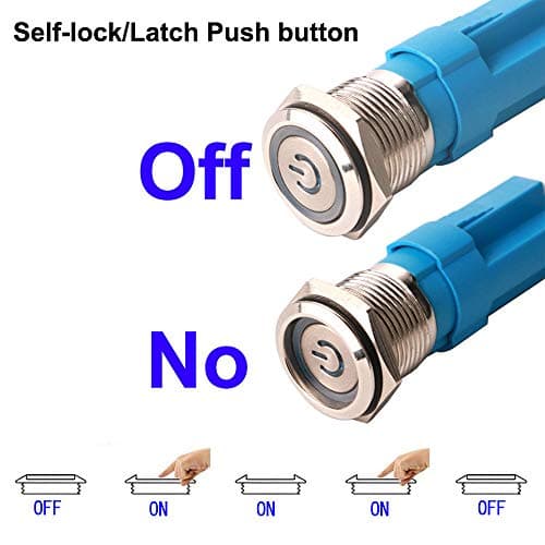 Gebildet 2pcs 12mm Autobloquant Interrupteur, Acier Inoxydable Verrouillage Bouton Interrupteur, Normalement Ouvert SPST 12V-24V 3A Interrupteur à Levier Étanche avec Fiche à Douille (Bleue+Rouge)