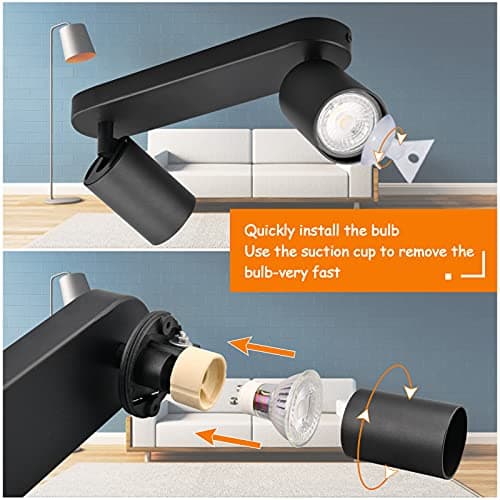 KYOTECH Plafonnier LED 2 Spots Orientables 2 GU10 Spots de plafond Pivotants & Orientables,Applique murale LED Noir mat,livré sans ampoules