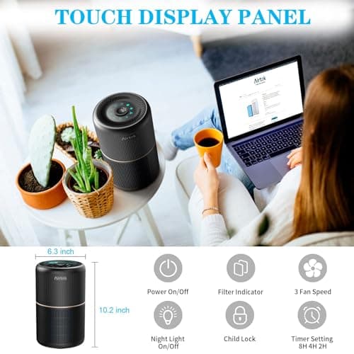 AIRTOK Purificateur d'air avec éponge parfumée, Purificatore d'aria H13 HEPA élimine 99,97% de la poussière, de la fumée et des odeurs d'animaux, air purifier avec veilleuse | 3 niveaux de vitesse