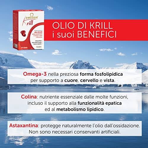 Omegor Krill - Complément alimentaire avec phospholipides, choline, Oméga-3 et astaxanthine à haute biodisponibilité - 260 mg d'EPA et DHA - Sans arrière-goût - Facile à avaler - 60 capsules