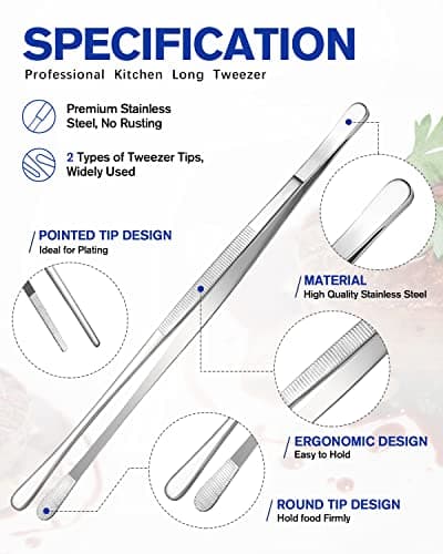 4 Pincettes de cuisine en acier inoxydable, 12'' et 10'', longue pincette de cuisine professionnelle en argent pour la cuisine, les réparations, les fruits de mer et le BBQ
