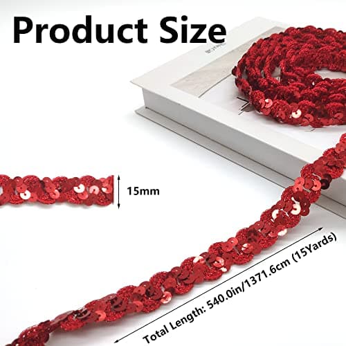 Hayaww 15 Yards 15 mm Paillettes Ruban, Sequin Paillette Trim Ruban De Paillettes Ficelle De Garniture De Paillettes Rubans à Paillettes Pour Bricolage Couture Costumes Artisanat (Rouge)