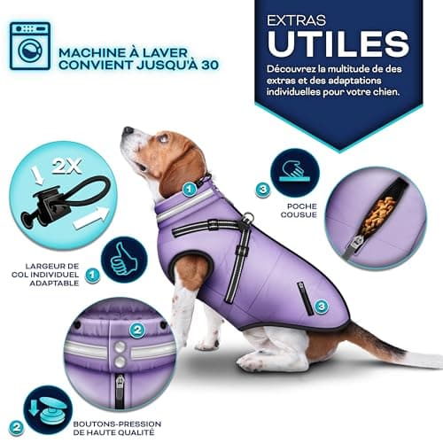 TRESKO® Manteau d'hiver pour Chiens avec réflecteurs INCL. 15 Sacs à crottes + Distributeur | Imperméable pour Chiens étanche | Manteau avec Harnais | Veste d'hiver doublée (L, Violet)