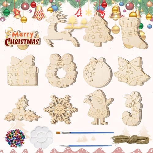 CHEVVY 60pcs.Pendentifs en Bois à Peindre Noël DIY Décoration de Noël en Bois avec 60 Cloches 60 Corde Bois Bricolage Enfants Noël Set Décoration de Noël
