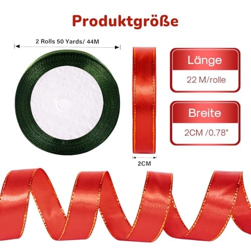 jijAcraft Ruban de Satin Noël 20 mm, Ruban de Noël Rouge et Vert Phnom Penh, 44 m Ruban Cadeau Ruban en Tissu de Noël Ruban décoratif - pour Noël, décoration artisanale et emballage cadeau