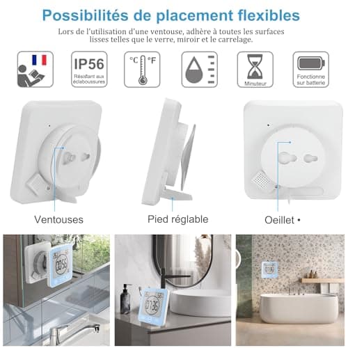 Horloge de Salle de Bain, Horloge de Douche Contrôle Tactile étanche, Alarme Numérique LCD, Thermomètre Hygromètre, Minuterie de Compte à Rebours, Alimenté par Pile, pour Maquillage Cuisine (Bleu)