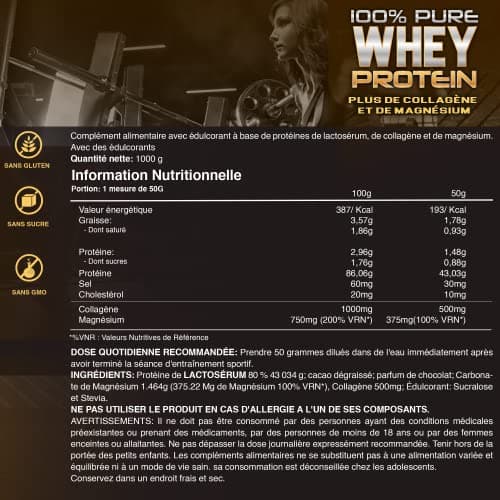 Whey Protein | Protéine pure avec Collagène + Magnésium | Tonifie et augmente la masse musculaire | Protège les muscles et aide à la récupération des tissus fibreux | 1000g de protéines chocolat